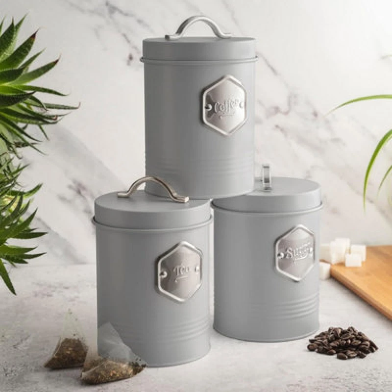 Image of Cooks Professional 3 Piece Tea Coffee Sugar Cannister Set - Labelled Kitchen Storage Tins With Airtight Lids - Grey & Silver