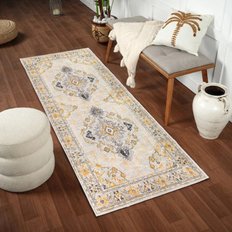 Image of Livabliss Vintage Oriental Boho Yellow Sonam Runner Rug 80 X 220 Cm - Easy Care, Non Shedding, Ideal For Hallway Or Beside The Bed