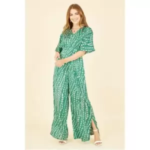 Image of Yumi Green Abstract Print Kimono Jumpsuit - Green