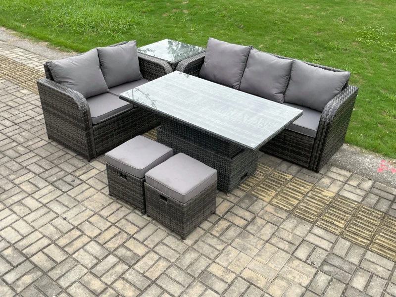 Image of Fimous Outdoor Rattan Garden Furniture Sets Height Adjustable Rising lifting Dining Table Lounge Sofa Set With Side Table Dark Grey unisex