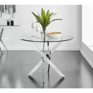 Image of Furniturebox Novara 100cm 2 4 Seater 100cm Round Glass Dining Table with Silver Chrome Metal Angled Starburst Legs for Modern Dining Room