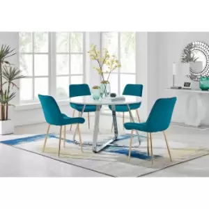 Image of Furniture Box Santorini White Round Dining Table and 4 Blue Pesaro Gold Leg Chairs
