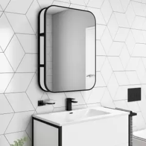 Image of Rectangular Black Industrial Bathroom Mirror with Shelf 600x800mm -Lyra