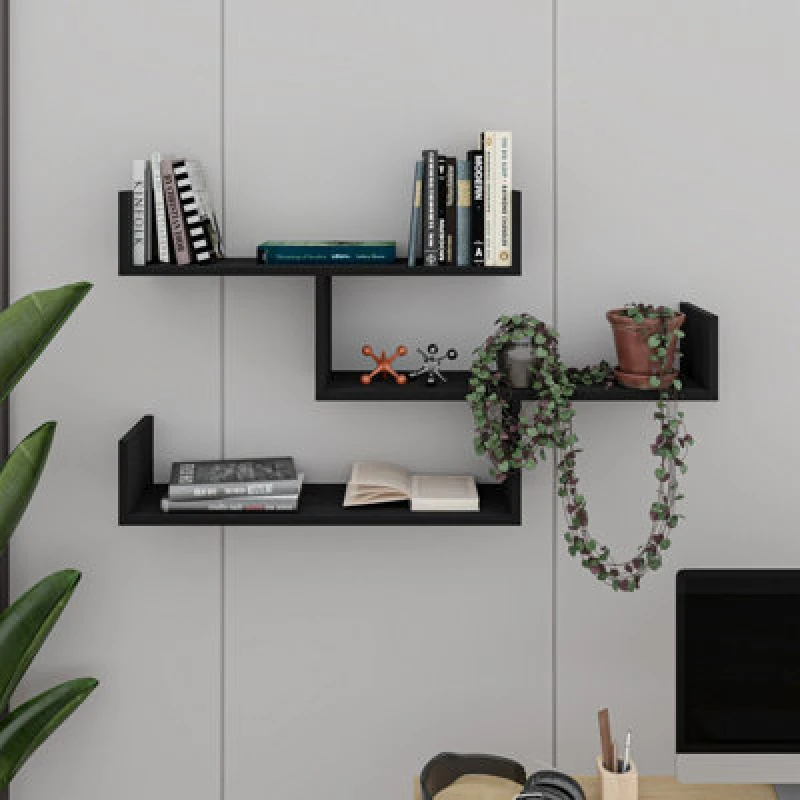 Image of Decortie Modern Tibet Wall Mounted Shelf Display Unit Black Wood W 119Cm Wide