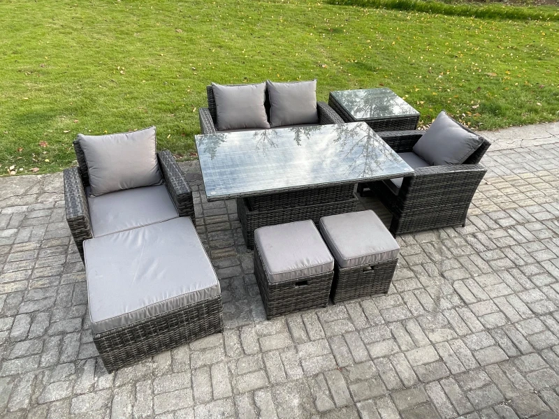 Image of Fimous High Back Rattan Garden Furniture Sofa Sets with Height Adjustable Rising Lifting Table Side Table in Dark Grey Dark Grey Unisex