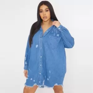 Image of Missguided Plus Distress Hem Denim Shirt Dress - Blue