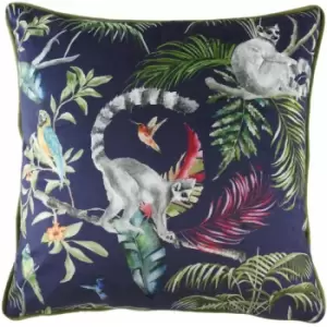Image of Evans Lichfield - Jungle Lemur Print Faux Velvet Cushion Cover, Blue, 43 x 43 Cm
