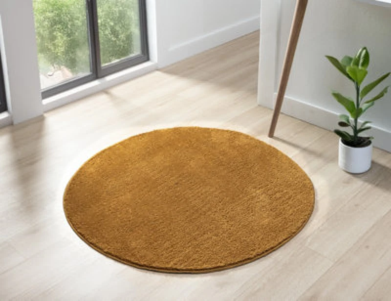 Image of Comfy Washable Low Pile Living Room Area Rug - Anti Slip Felt Backing Gold 100Cm Diameter