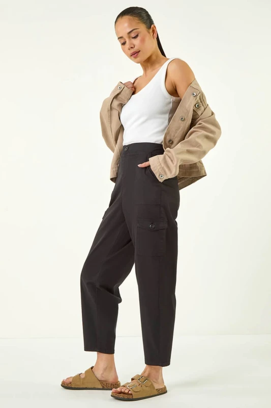 Image of Roman Womens Petite Cotton Cargo Stretch Trousers in Black Size: 18 Black Female 18