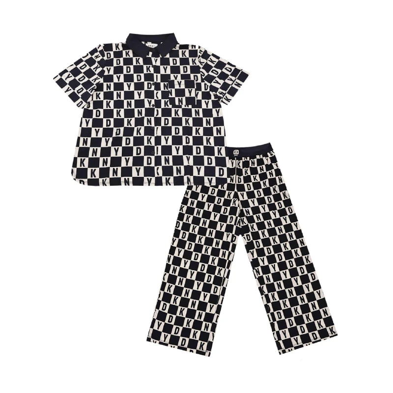 Image of DKNY Womens Long Short Sleeve Pyjama Set Navy Chk female 10 (S)