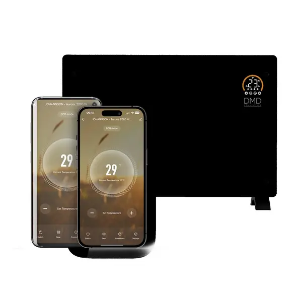 Image of DMD Collective Smart WiFi Glass Panel Heater Touch Screen 2000W Freestanding and Free Wall Brackets Black