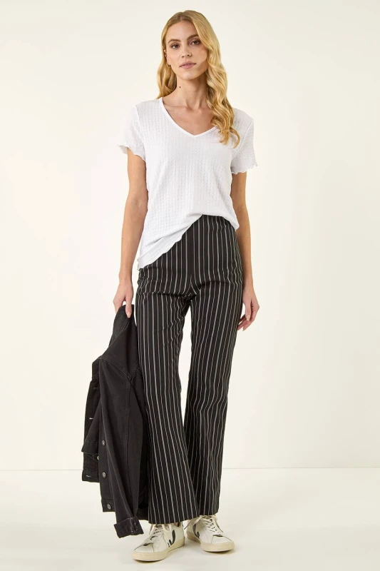 Image of Roman Womens Stripe Print Bootleg Trouser in Black Size: 12 Black Female 12