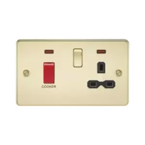 Image of Flat plate 45A DP switch and 13A switched socket with neon - polished brass with Black insert - Knightsbridge