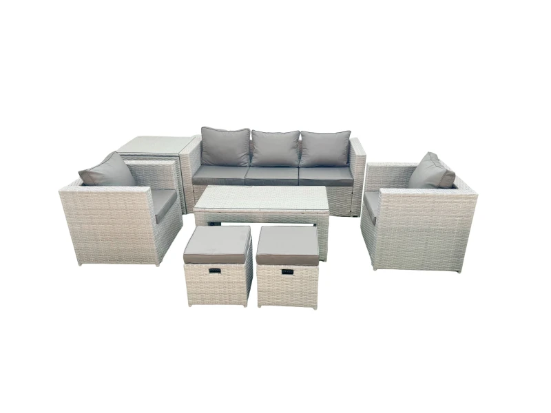 Image of Fimous Rattan Garden Furniture Set 7 Seater Outdoor Garden Sofa Oblong Coffee Table Set with 2 Chairs 2 Stools Side Table Light Grey Mixed Light Grey