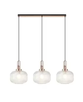 Image of Linear 3 Light Pendant E27, Copper, Matt Black With 30cm Round Ribbed Clear Glass
