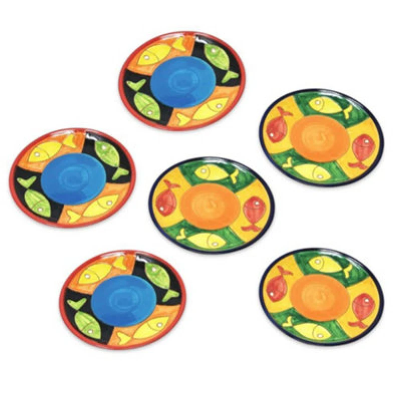 Image of Verano Spanish Ceramics Signature Big Fish Hand Painted Ceramic Kitchen Dining Set of 6 Small Plates (Diam) 20cm Multi