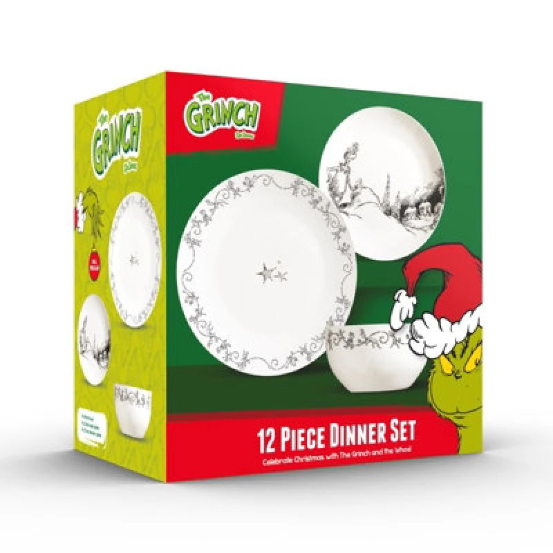 Image of The Grinch 12Pc 4 Place Porcelain Dinner Set Plates & Bowls Christmas Dinnerware
