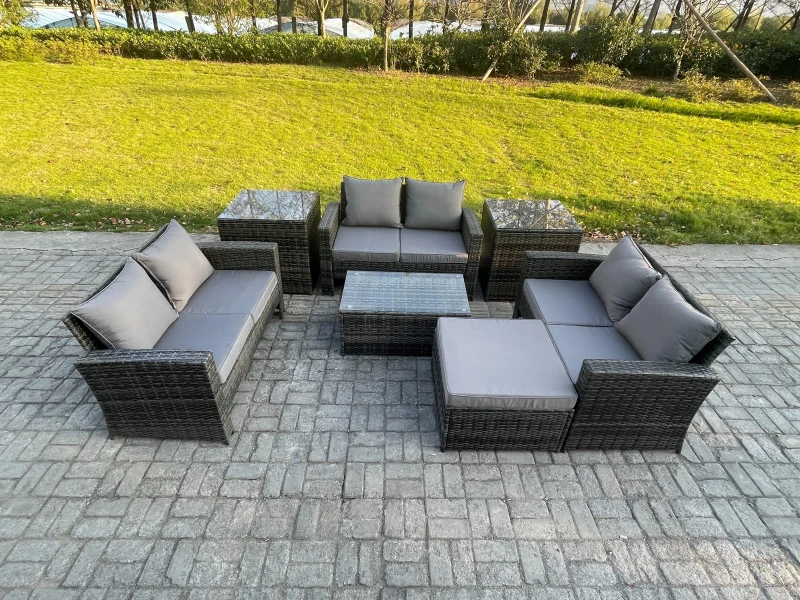 Image of Fimous 7pc Rattan Sofa Garden Furniture Outdoor Patio Set with 2 Side Tables Big Footstool Double Seat Sofa Dark Grey Mixed Dark Grey Unisex