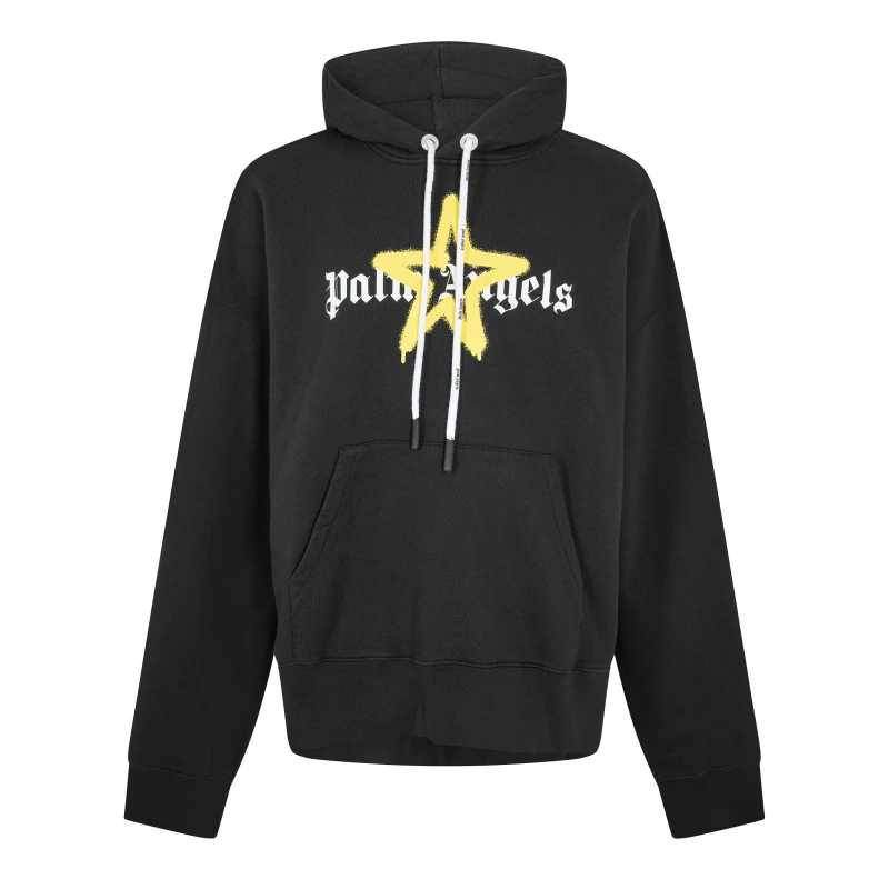 Image of Palm Angels Mens Star Pull Over Hoodie Black Yellow male XL