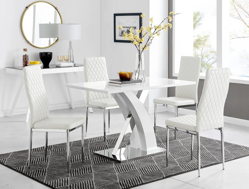 Image of FurnitureboxUK FurnitureboxUK Atlanta White High Gloss and Chrome 4 Seater Dining Table with X Shaped Legs and 4 Faux Leather Milan Chairs White One S