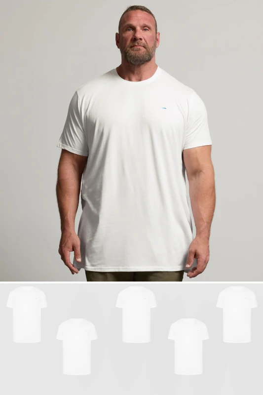 Image of BadRhino Mens 5 Pack Extra Long T-Shirts in White Size: 4XL White Male 4XL