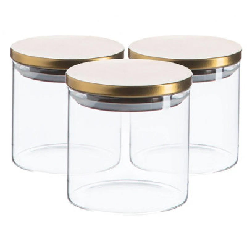 Image of Argon Tableware Glass Storage Jars - Gold Lid - 550Ml - Modern Round Scandi Organisation Container Glass Jar - Set Of 3