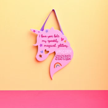 Image of Cheerful Unicorn Hanging Plaque - Sister