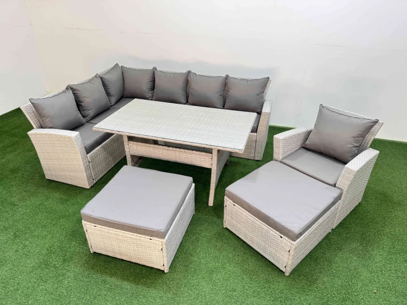 Image of Fimous 9 Seater Rattan Garden Furniture Set with Dining Table Chair Footstool in Light Grey Light Grey Unisex