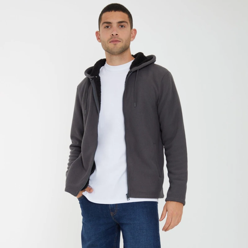 Image of Threadbare 'Sugarland' Waffle Texture Sherpa Lined Zip Through Hoodie Dark Grey