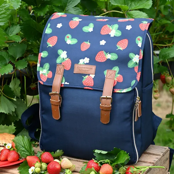 Image of Strawberries & Cream Insulated 4 Person Insulated Floral Picnic Backpack Set Blue