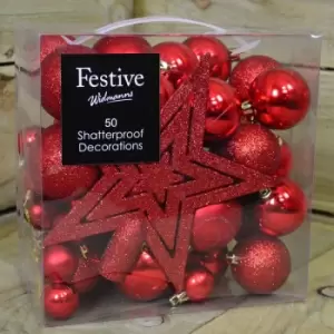 Image of 50pcs Shatterproof Baubles Christmas Decoration with Tree Topper Star in Red