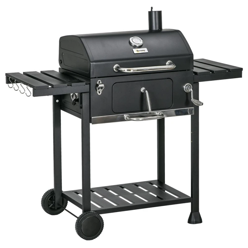 Image of Outsunny Charcoal BBQ Grill Smoker Trolley with Shelves, Bottle Opener Black
