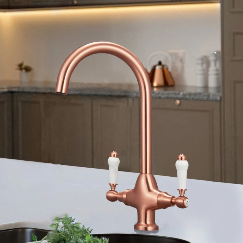 Image of Nes Home Antique Copper & White Ceramic Handle Twin Lever Kitchen Mixer Tap Swivel Spout Silver unisex