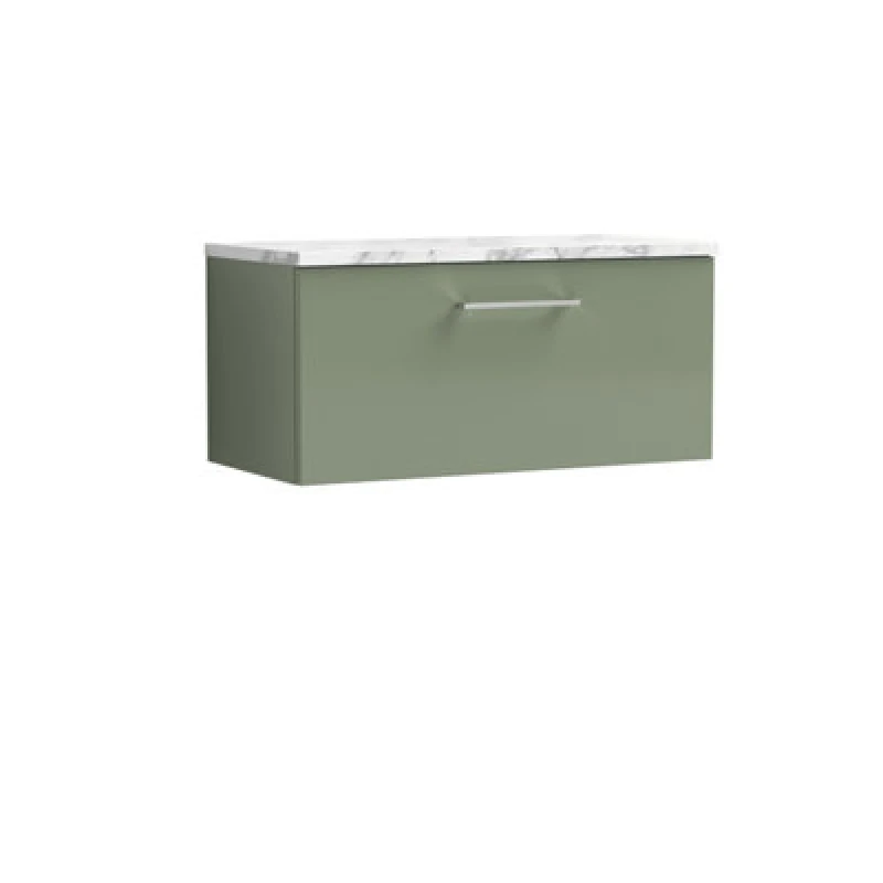 Image of Nuie Arno Wall Hung 1-Drawer Vanity Unit With Laminate Worktop In Satin Green Premium Counter Top Vanity Unit In Satin Green