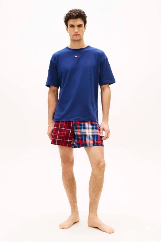 Image of Tommy Hilfiger Mens SS Woven Short Print Set Preppy Navy/ Heritage Plaid Clash in Navy Size: Medium Navy Male M