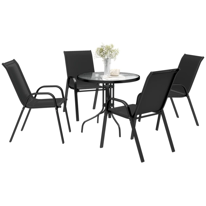 Image of Outsunny 5 PCs Garden Furniture Set, Round Table and Stackable Chairs, Black True Black