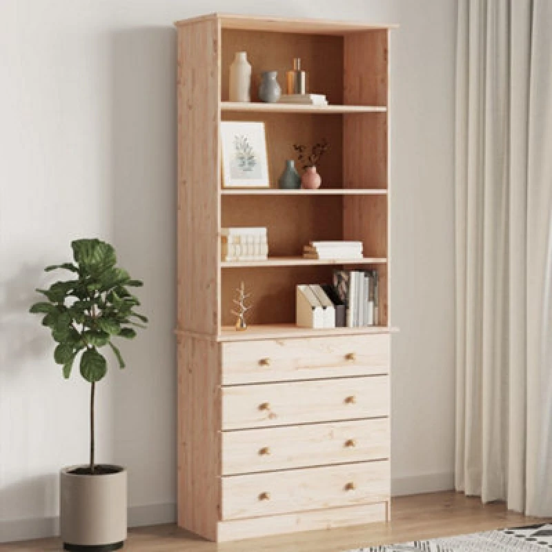 Image of Vidaxl Bookcase With Drawers Alta 77X35X186.5cm Solid Wood Pine, Brown 353953