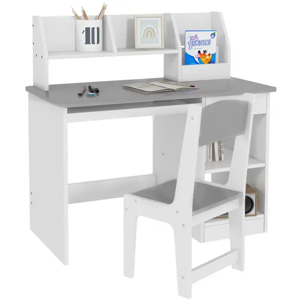 Image of ZONEKIZ Kids Desk and Chair Set with Storage for 5-8 Year Old, 2 Pieces Childrens Table and Chair Set, Grey
