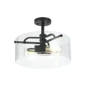 Image of Luminosa Clarence Semi Flush Ceiling Lamp, 2 Light E27, Sand Black, Clear Glass
