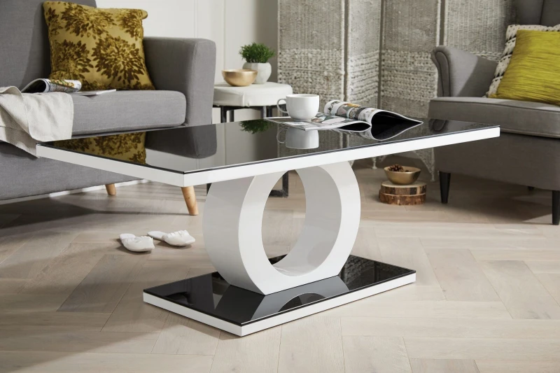 Image of FurnitureboxUK FurnitureboxUK Giovani Rectangular White High Gloss Coffee Table with Glass Top and Unique Halo Structural Plinth Base Design in Black