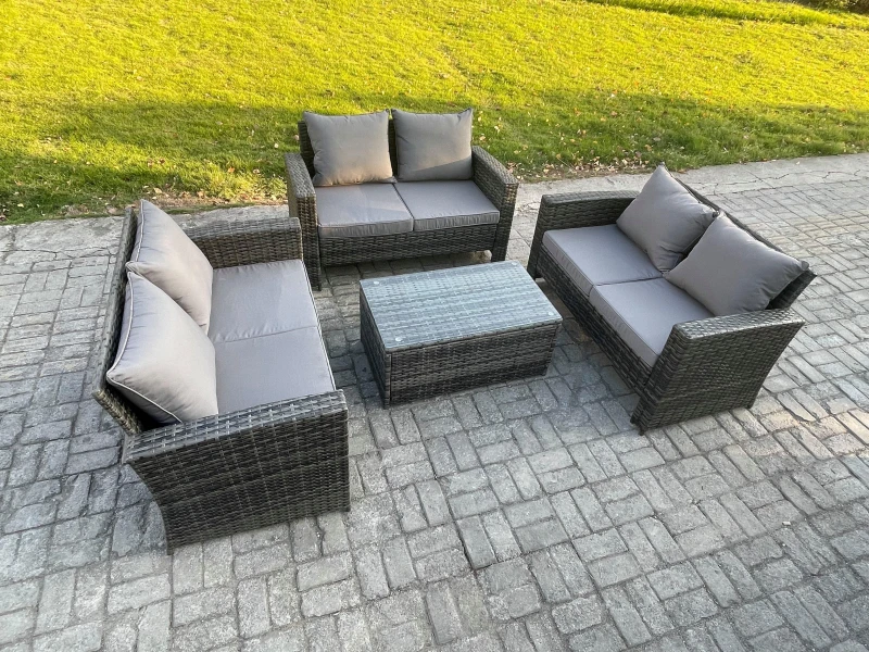 Image of Fimous Dark Grey 6 Seater Outdoor Rattan Garden Furniture Set Patio Love Sofa Rectangular Coffee Table Set Dark Grey Unisex