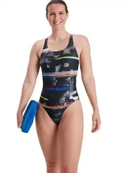 Image of Speedo Placement Digital Powerback Swimsuit, Black, Size 30, Women