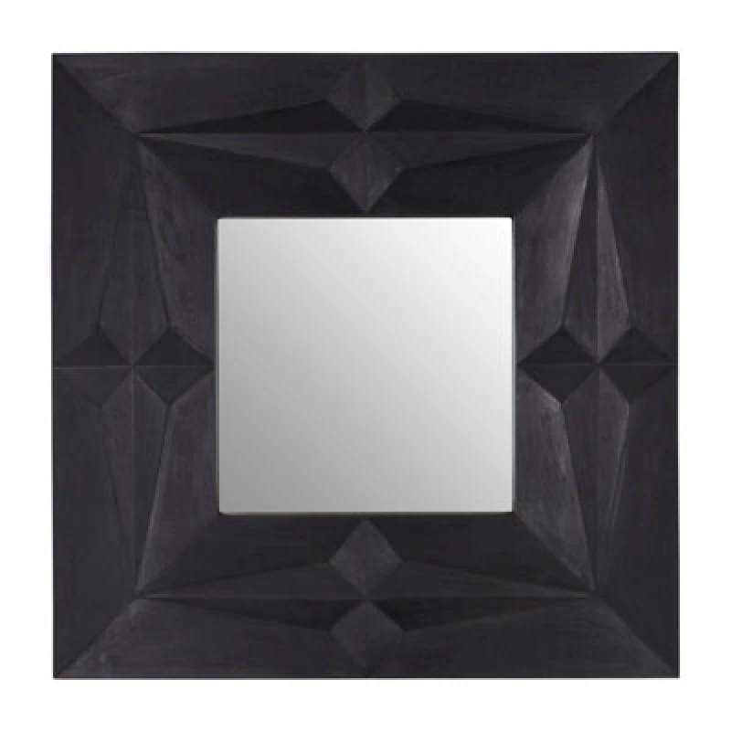 Image of Orsina Square Wall Mirror With Black Finish, Carved Mango Wood Frame With Geometric Design, Sustainable