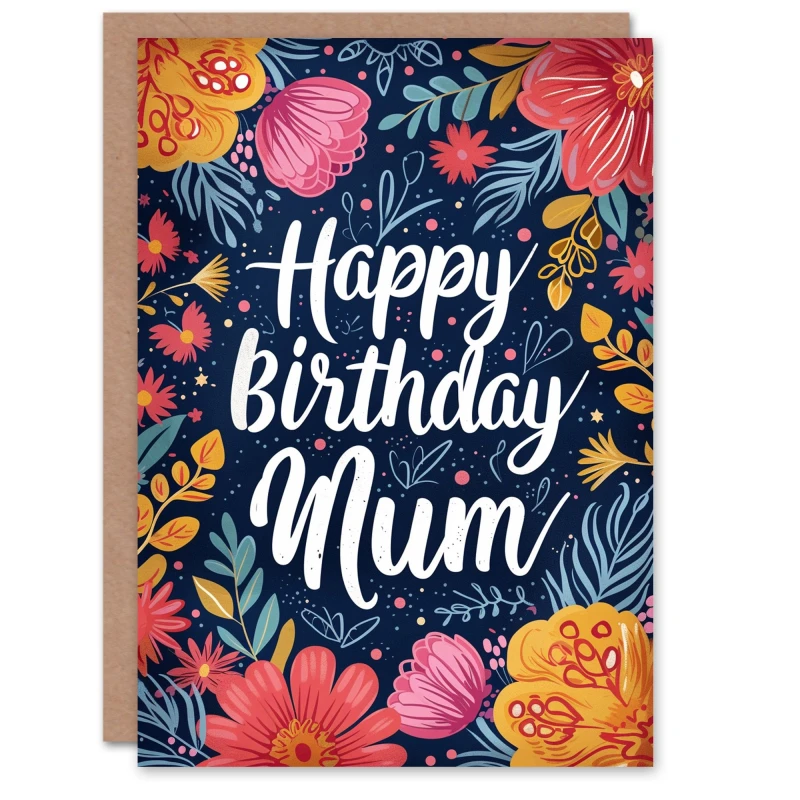 Image of Artery8 Birthday Card Floral Border Design Flower Blooms For Mum Mam Mother Mummy Greeting Card Dark Blue female