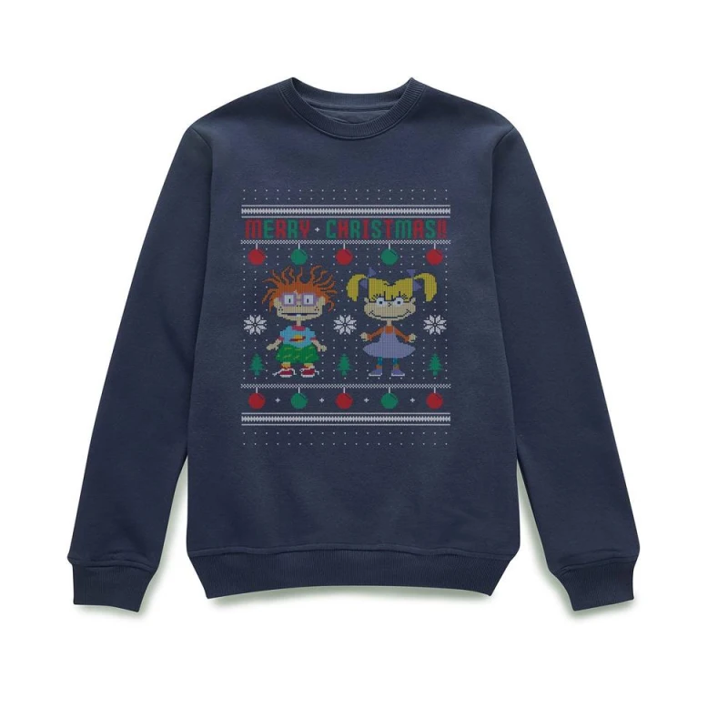 Image of Rugrats Chuckie And Angelica - Merry Christmas Christmas Jumper - Navy - M