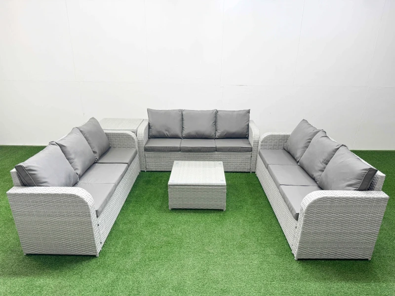 Image of Fimous PE Rattan Lounge Sofa Set 9 Seater Outdoor Garden Furniture Set with Square Coffee Table 3 Seater Sofa Side Table Light Grey Light Grey