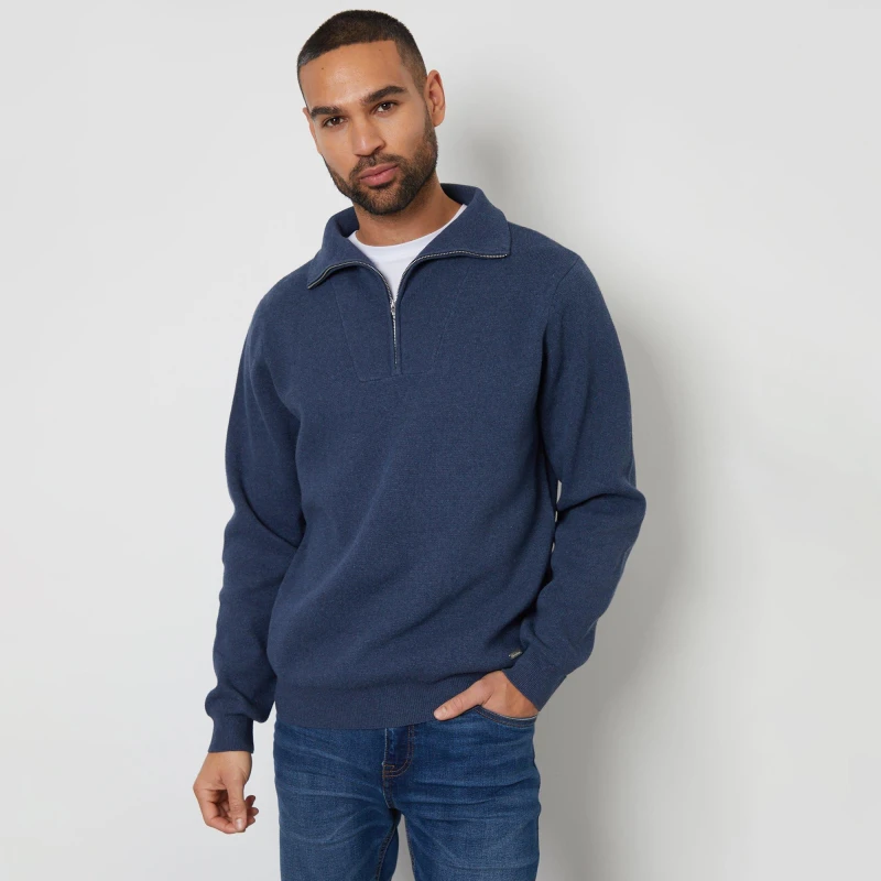 Image of Threadbare Rib Panel Quarter Zip Jumper Blue