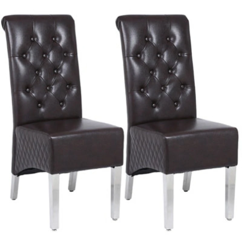 Image of Modernique A Pair Brown Leather Aire High Tuffted Knocker & Stud High Back Dining Chairs With Solid Chrome Legs