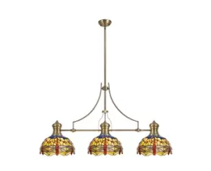 Image of 3 Light Telescopic Ceiling Pendant E27 With 30cm Tiffany Shade, Antique Brass, Blue, Orange, Crystal