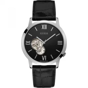 Image of GUESS Gents silver automatic watch with Black dial, visible movement and Black croco leather strap.